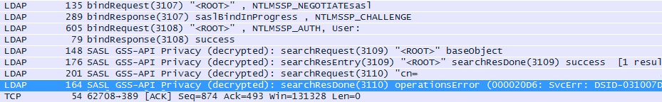 Wireshark listing decrypted LDAP frames ending in an operationsError