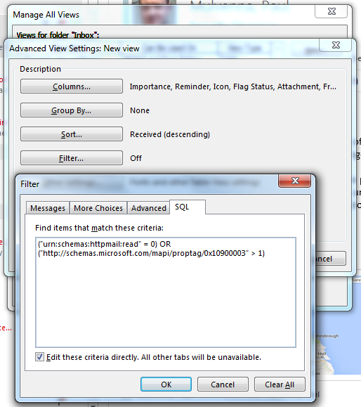 The Filter dialog open on its SQL tab with the query pasted in
